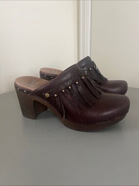 Dansko Women’s Dark Brown Leather Mule Clogs with Fringe Size EU 38